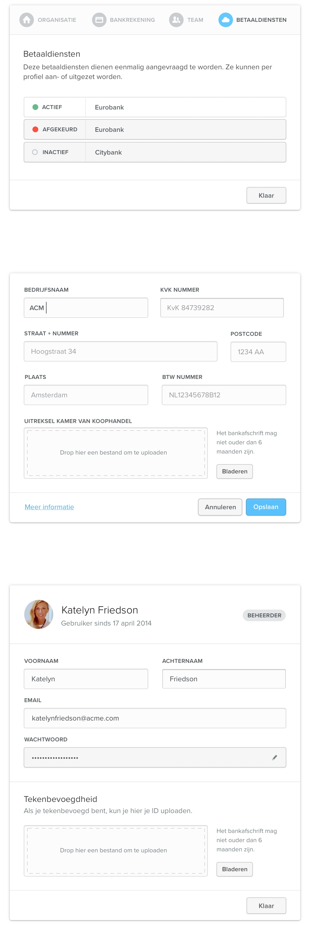 Mollie Dashboard UI elements